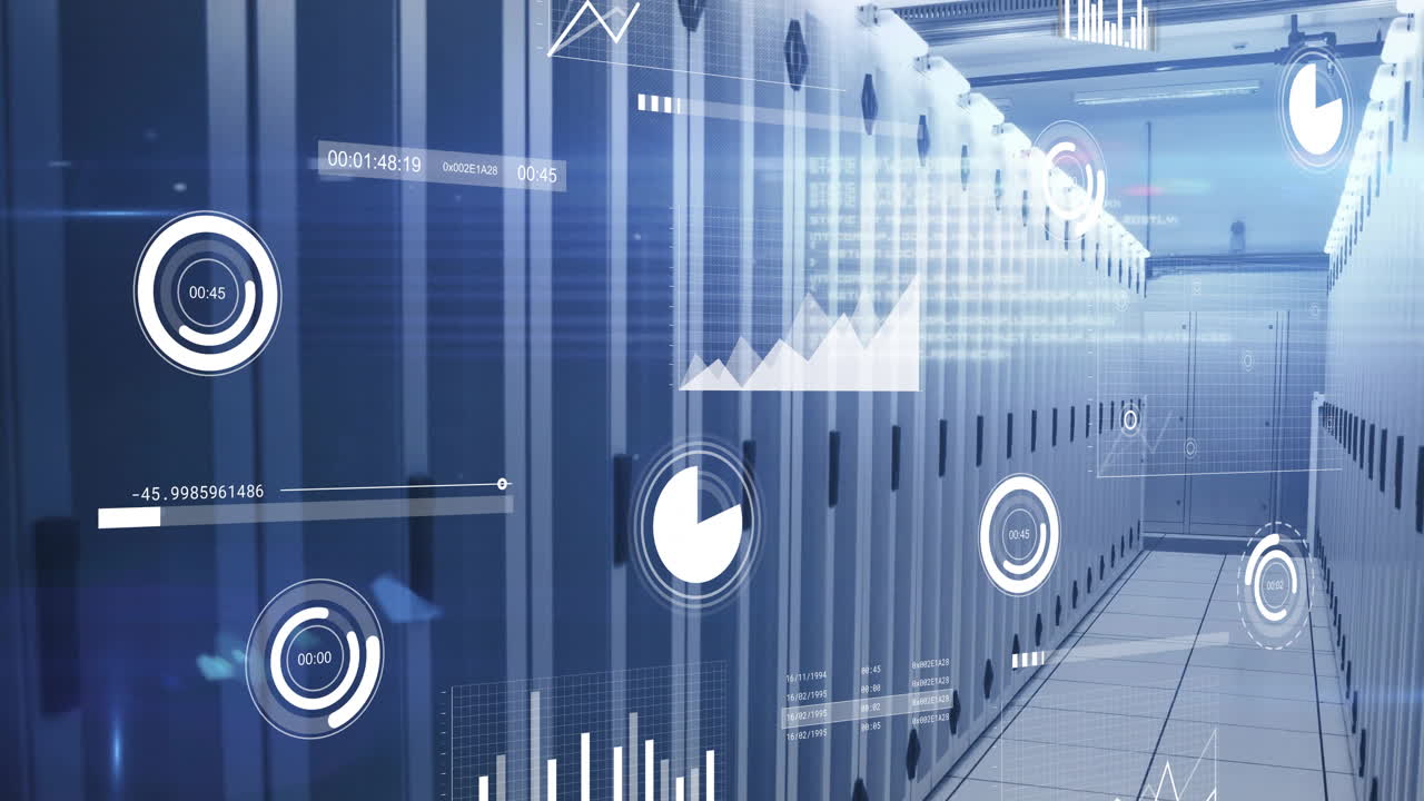 central aisle of server cabinets glowing with floating holographic data overlays in 3D render