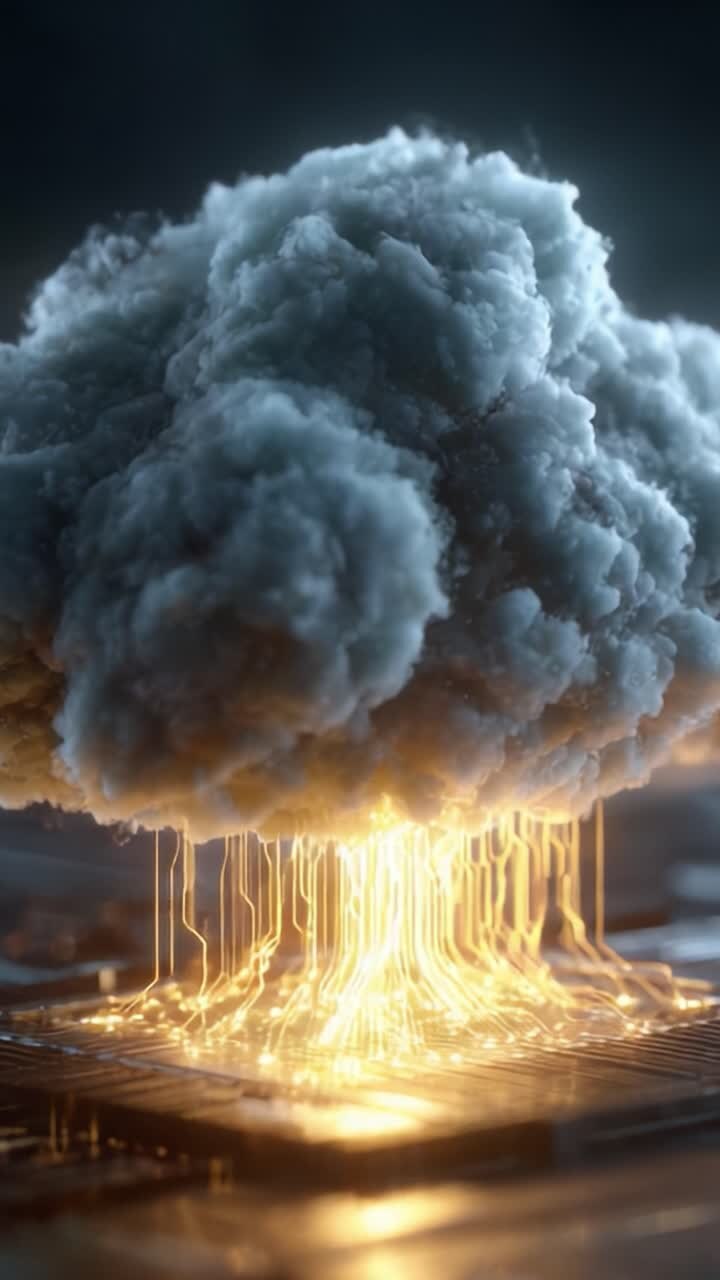 A Dynamic Representation of Technology and Nature, Featuring an Erupting Cloud of Electric Energy Rising from a Data Circuit Board, Symbolizing Innovation and Power