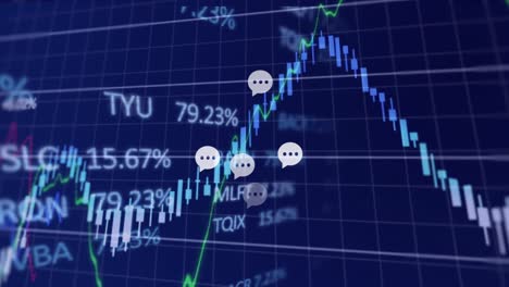 animation of financial and stock market data processing over grid network against blue background