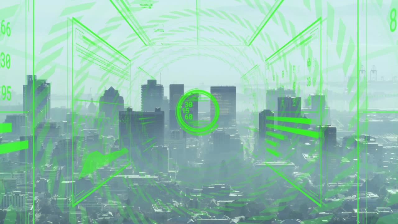 Reticle pulsing triggers HUD scanning skyline, tunnel forming, numbers scrolling to target downtown