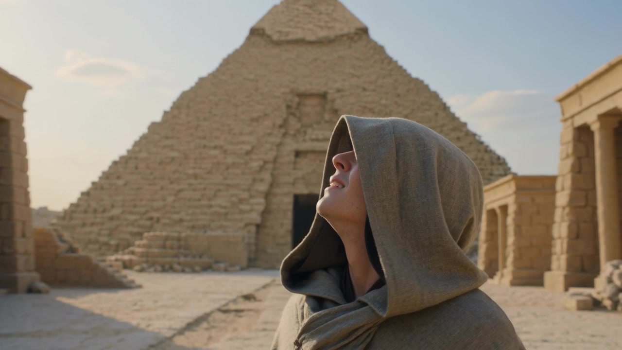 Uomo con mantello e cappuccio che reagisce al sole allo zenit, inclinando, girandosi per affrontare una piramide a gradoni presso colonne del tempio