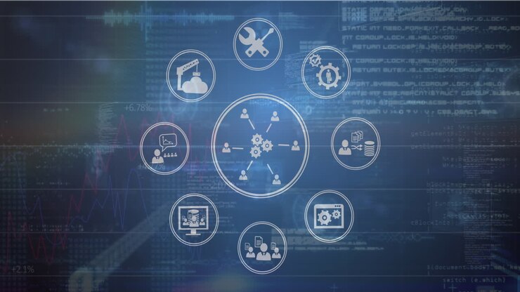 Animation of ai text and icon, data processing over computer server