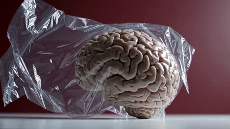 Human brain wrapped in plastic wrap lying on a white surface with a dark red background representing suffocated thoughts, mental health issues, or lack of freedom of expression