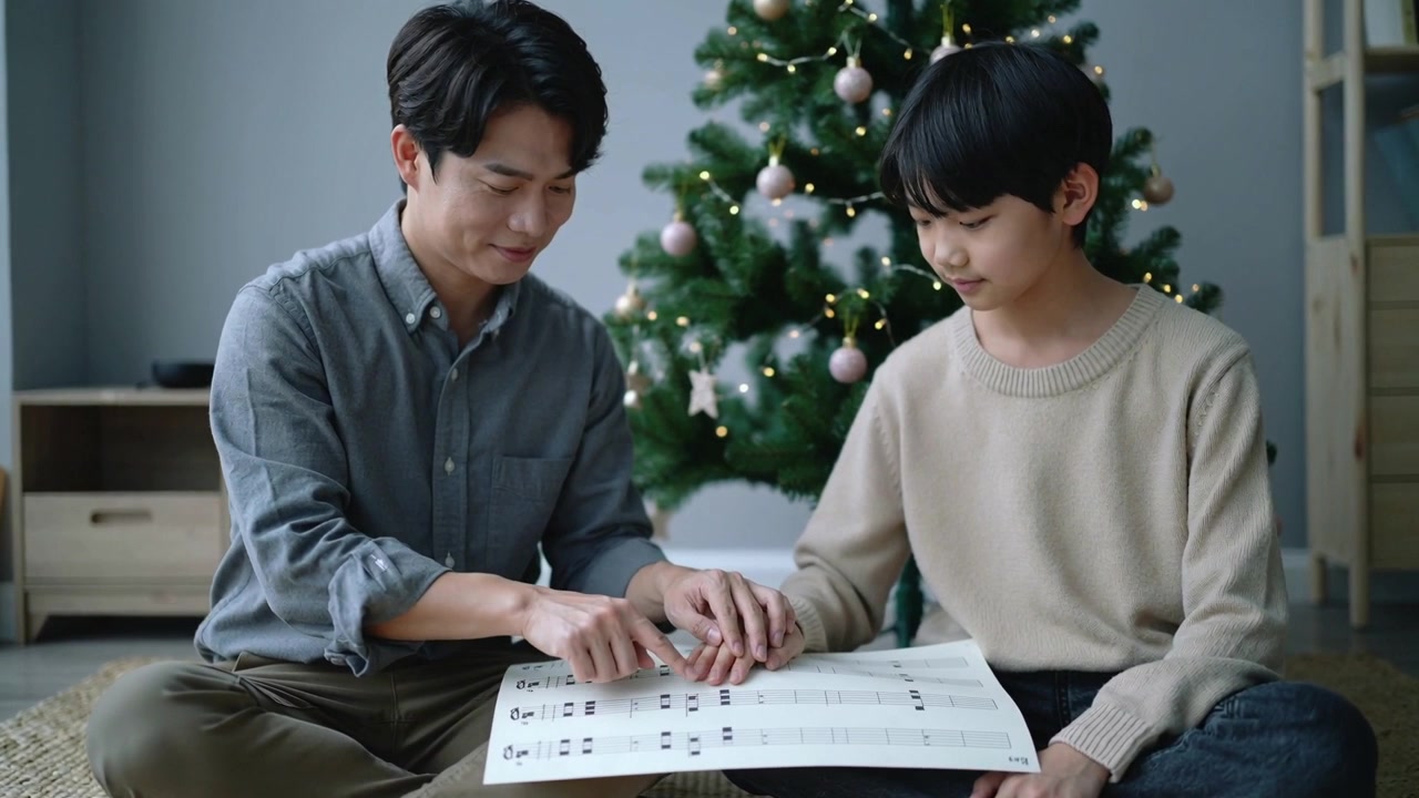 グレーのシャツを着た父親がスコアを指差し、ベージュの服を着たティーンエイジャーに読み方を教える様子。背景にはクリスマスツリー