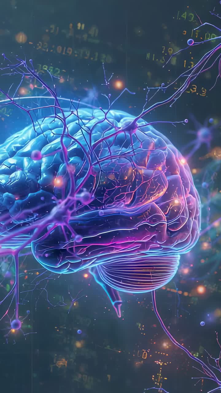Video verticale: rendering in 3D con spostamento della fotocamera del cervello in rotazione che rivela il cervelletto in rete neon con neuroni