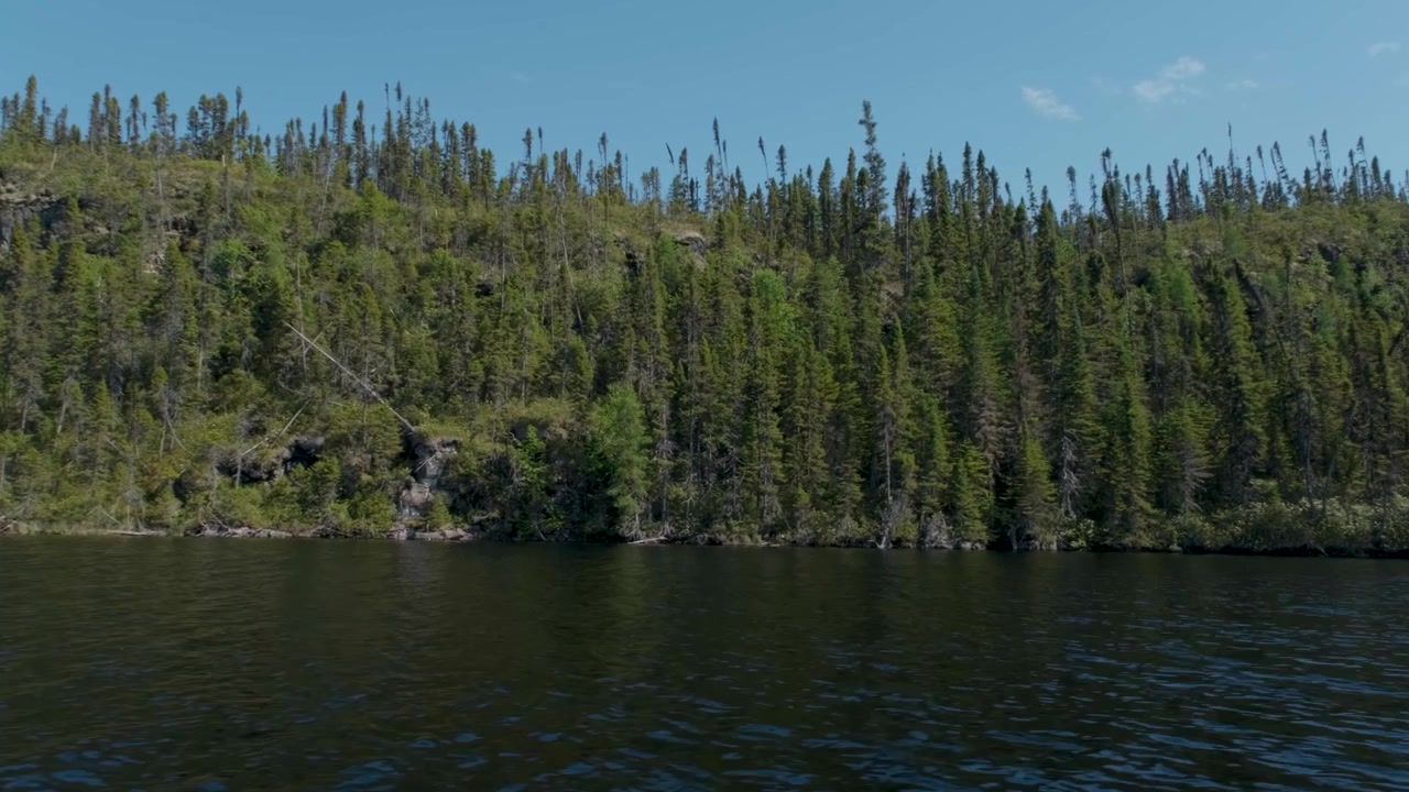 The shoreline glides by quickly as the boat cuts through the calm lake surface