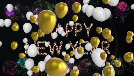 feliz año nuevo con globos y fuegos artificiales