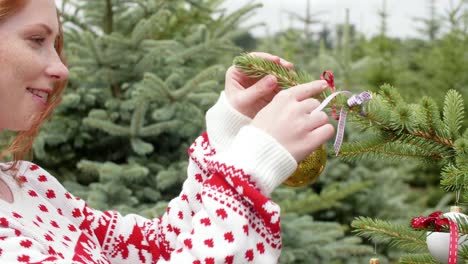 Woman-decorating-the-christmas-tree-outdoors