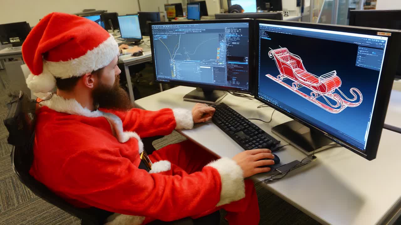 A jolly figure in a Santa costume designs a festive sleigh using computer graphics, showcasing creativity and holiday spirit in a modern workspace filled with technology