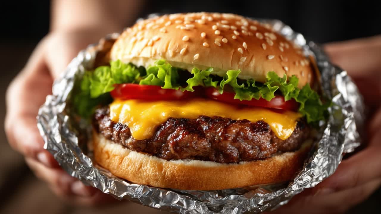 Deliciously Juicy Burger Served with Fresh Lettuce, Tomatoes, and Melting Cheese, Perfectly Wrapped for Enjoyment in Every Bite