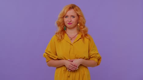dissatisfied redhead girl asking reason of failure, expressing disbelief irritation, feeling bored