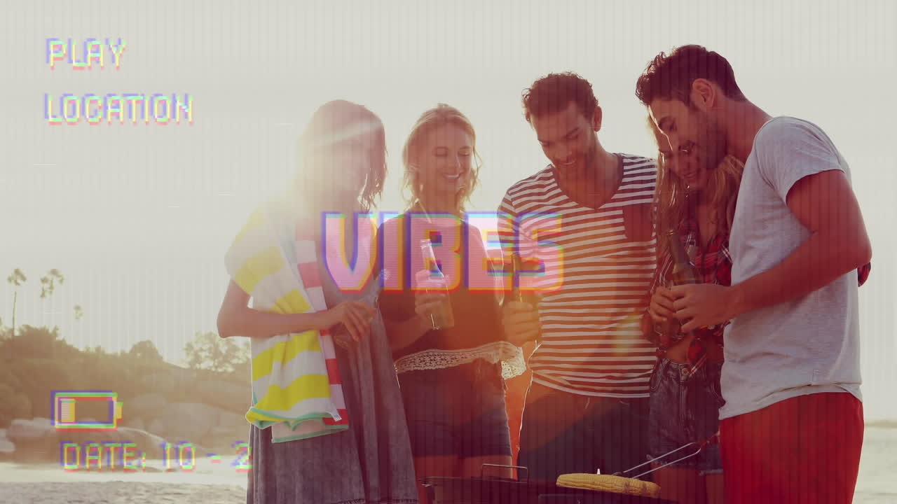 animación de vibraciones de texto sobre la gente en la orilla del mar