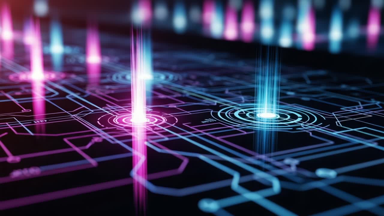 Futuristic Digital Network Interface Featuring Vibrant Light Pulses and Circuit Patterns Illuminating a High-Tech Environment