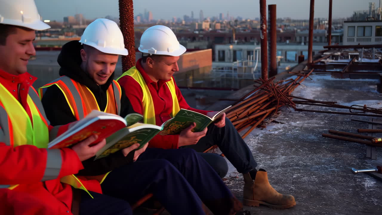 Construction Workers Reading Books on a Rooftop