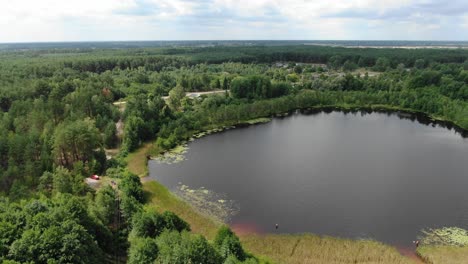 Vista-Aérea-De-Un-Pequeño-Lago-Que-Se-Desplaza-Hacia-Atrás-Y-Revela-Una-Espesa-Silvicultura