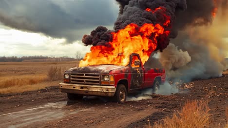 a red pickup truck on fire in the middle of a field