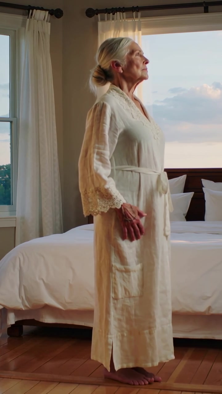 Vidéo verticale : Femme en peignoir s'arrêtant, se penchant et regardant par la fenêtre près du lit, la lumière évoluant.