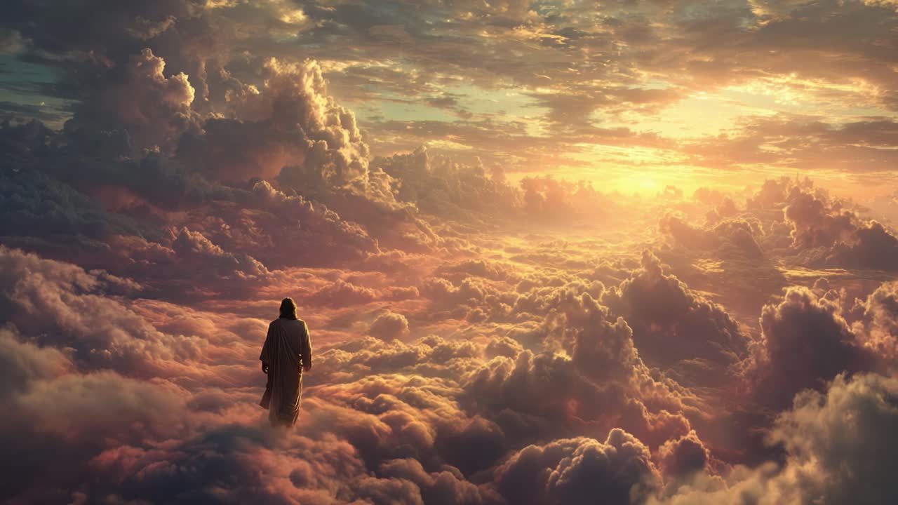 Una figura serena in piedi tra nuvole divine durante un'alba mozzafiato, catturando l'essenza di tranquillità e spiritualità in un paesaggio celeste