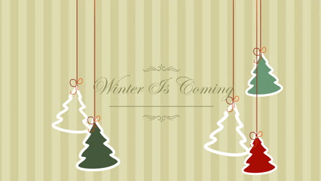 winter is coming with hanging christmas trees and toys on stripes pattern