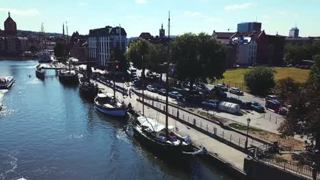 drone flying around the boats at the oldtown river