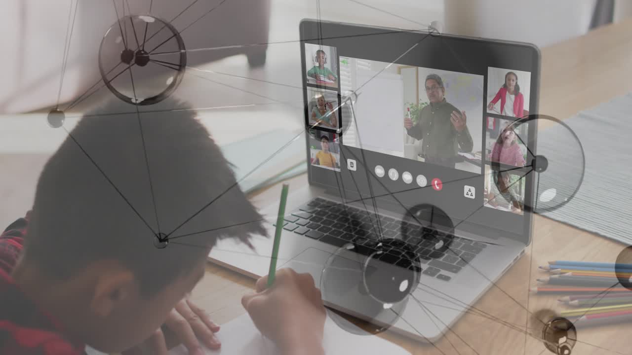 Student writing with green pencil, host gesturing on laptop drawing student gaze up, overlay moving