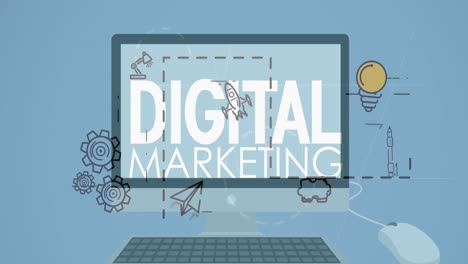 animation of digital marketing text over screen and icons on blue background