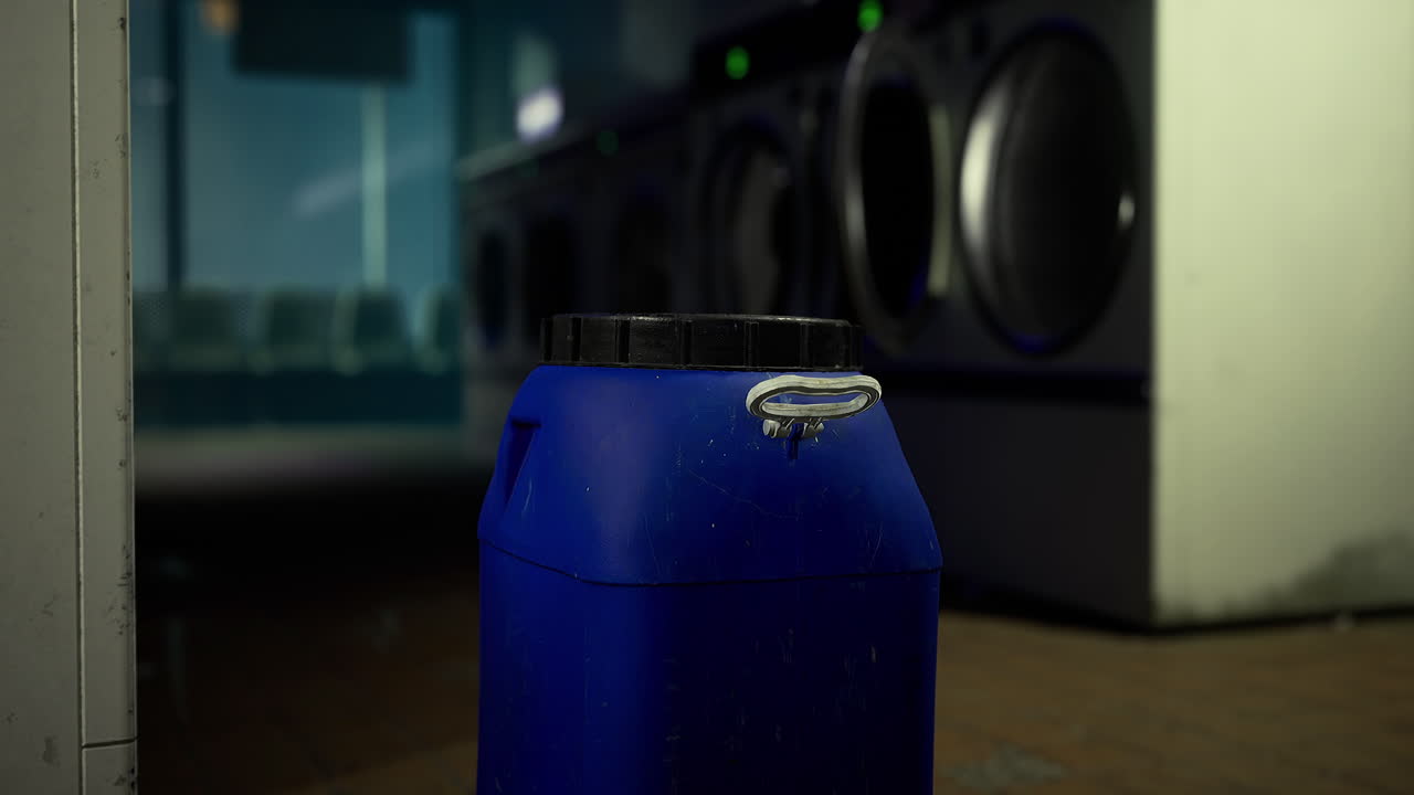Lid on blue container in a laundromat during late evening hours