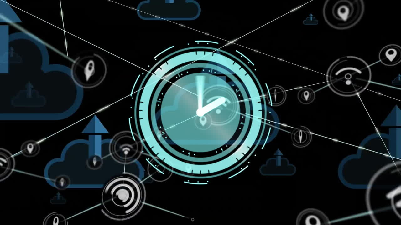 Animation of clock over network of connections with icons and data processing