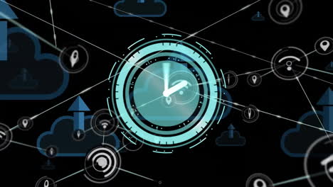 animación del reloj sobre la red de conexiones con íconos y procesamiento de datos