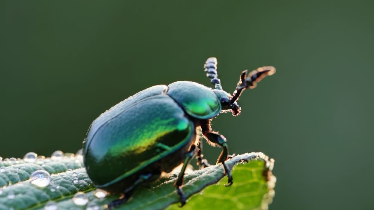 Close-up of a vibrant green beetle on a leaf, shot from a low angle