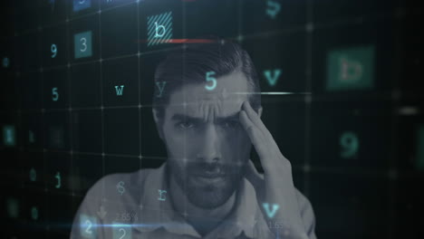 procesamiento de datos de seguridad cibernética contra el retrato de un hombre estresado