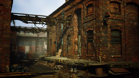 abandoned industrial factory buildings at sunset