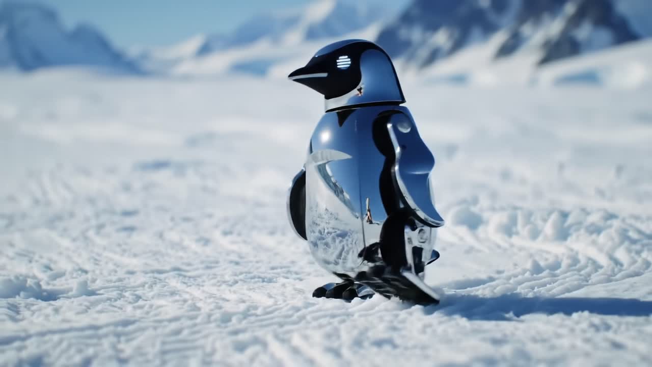 Shiny Robotic Penguin Navigates Icy Landscape, Showcasing Innovative Design and Technology in a Stunning Snowy Environment Captured in Two Frames
