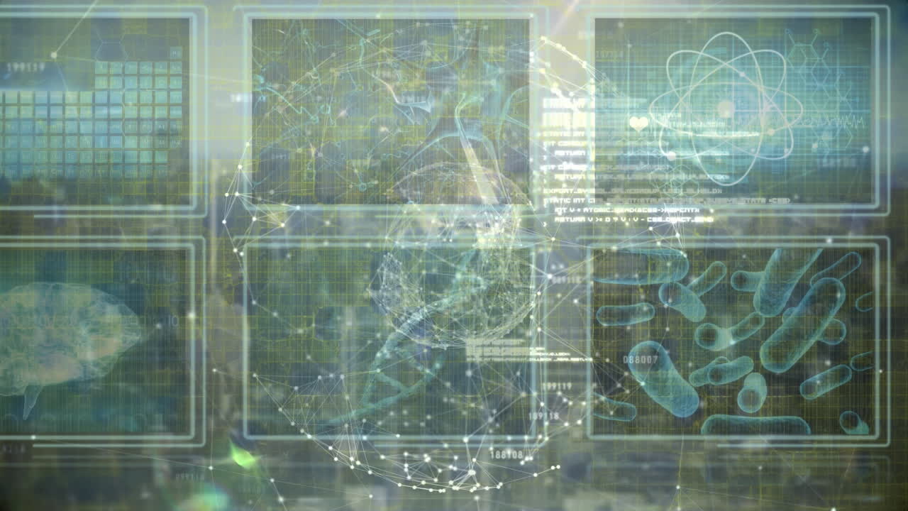 화면에서 데이터 처리를 통해 지구와 연결 네트워크의 애니메이션