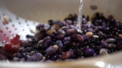 cierre de cámara lenta, enjuague de frijoles negros morados con agua del grifo