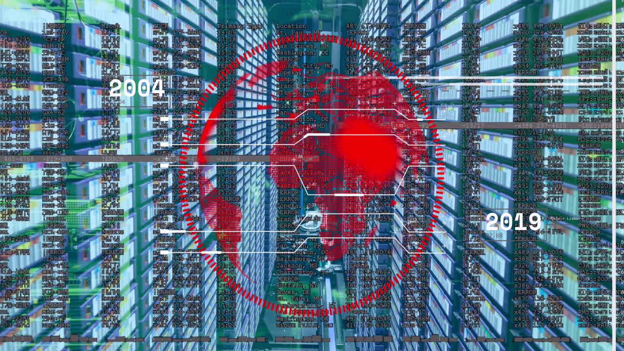 animación del globo, procesamiento de números y datos a través de servidores informáticos.