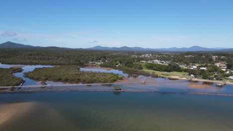 urunga boardwalk aerial views inland past urunga town and up the river valleys to the great dividing range