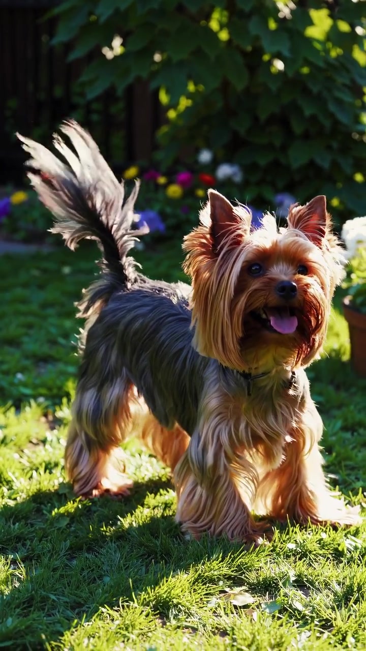 Glad Yorkshire Terrier-hund logrer med halen i en solrig have