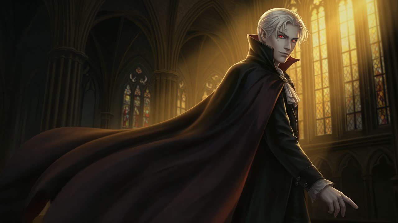 Dramatic Scene of a Mysterious Figure in a Gothic Cathedral with Flowing Cloak and Striking Red Eyes, Illuminated by Ethereal Light