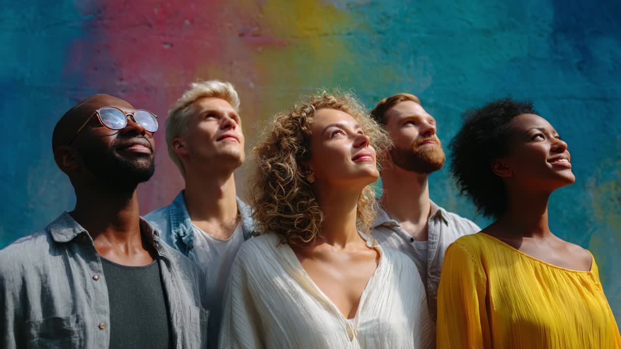 Diverse Group of People Looking Up at a Mural