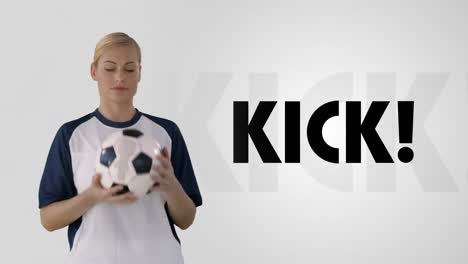 female caucasian soccer playing holding a football against kick text on grey background