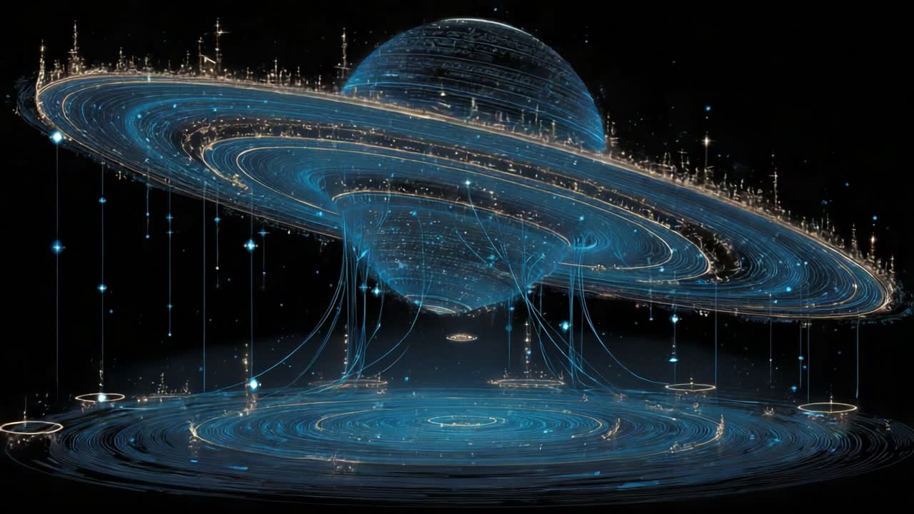 Visionary depiction of a futuristic civilization inhabiting a digital, ringed planet, with glowing cities and data streams creating a stunning cosmic network against the vastness of space