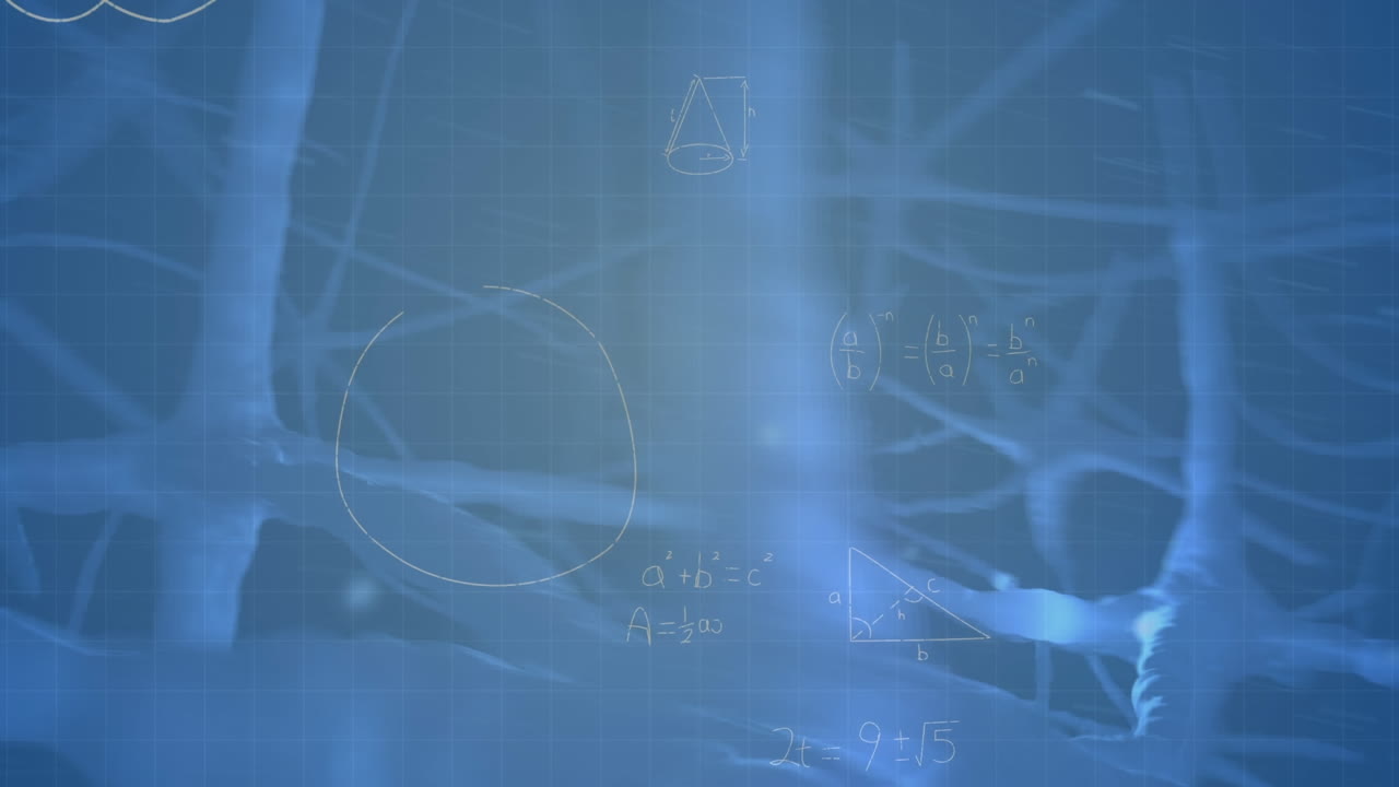 Animation of mathematical equations over digital neurons on black background