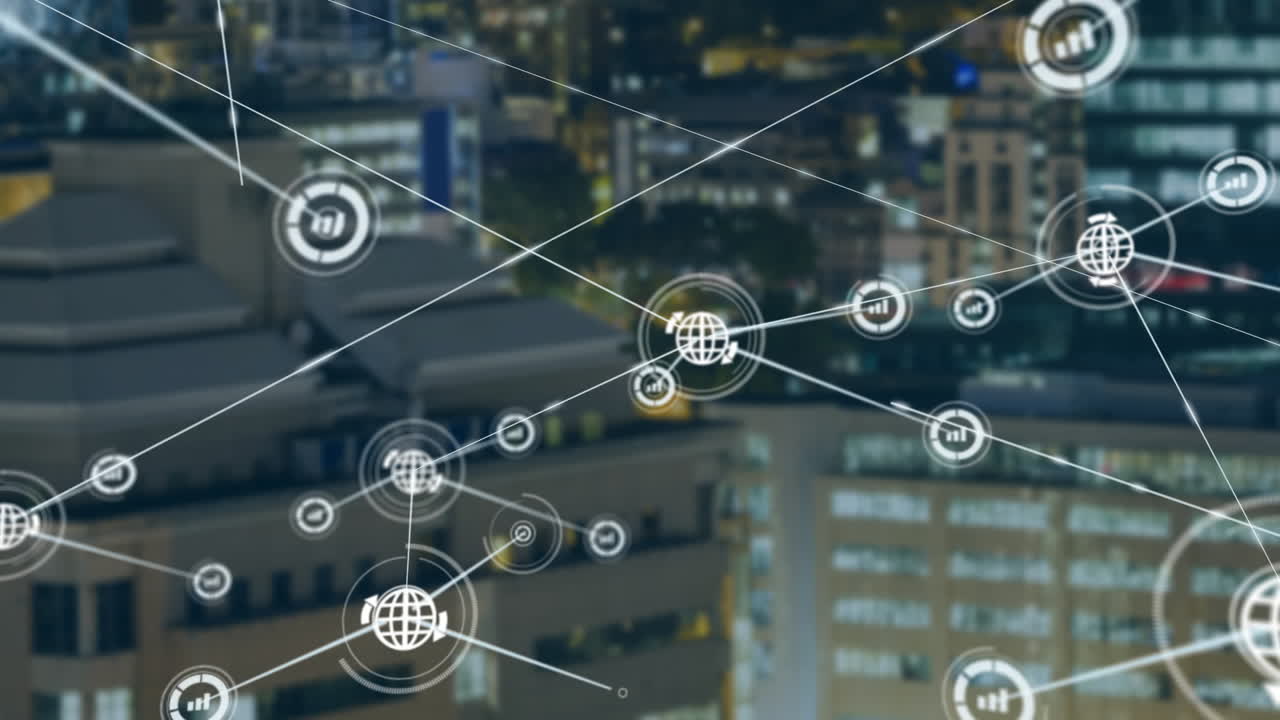 Network of connections and data processing animation over cityscape background