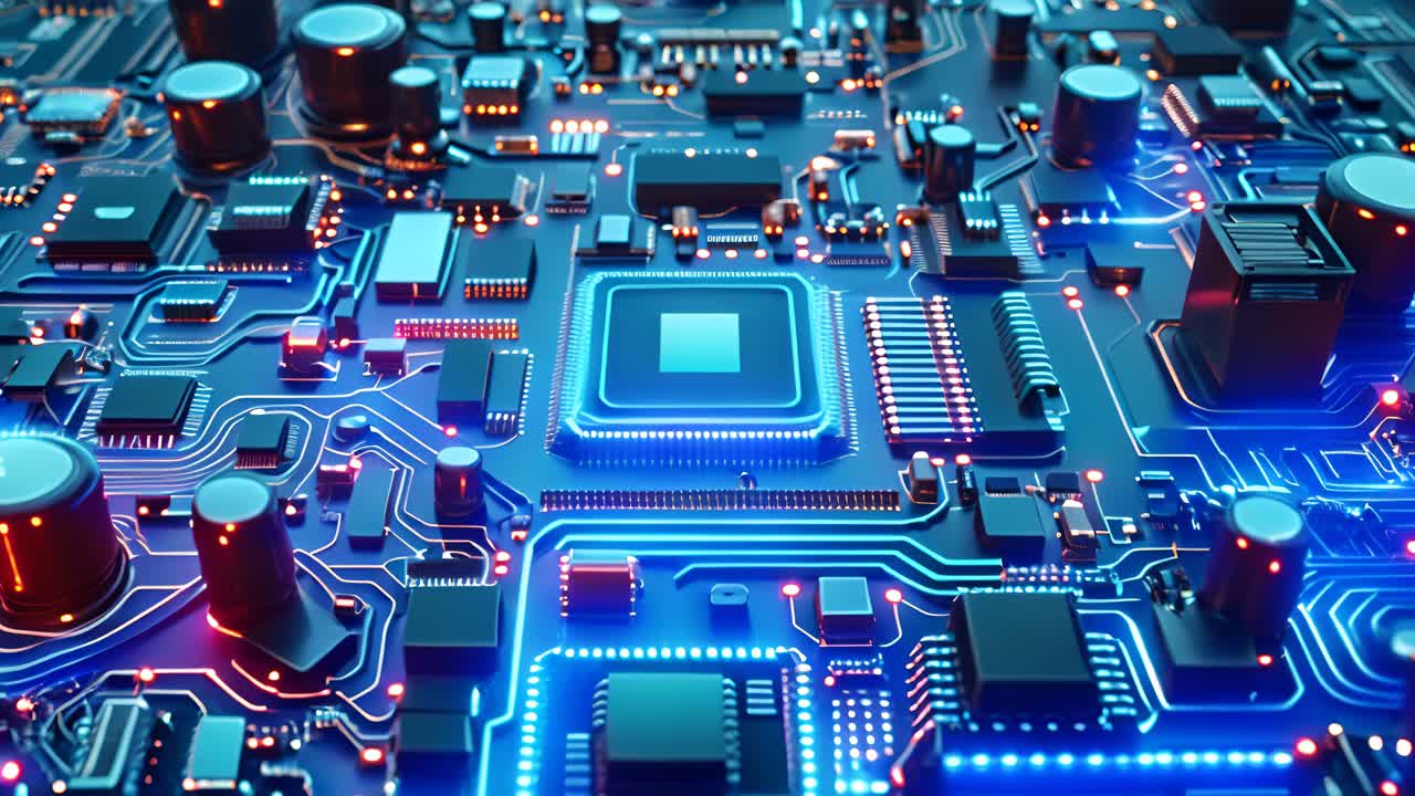 Close-up view of a circuit board with glowing components