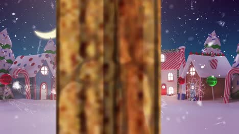 animación del texto de feliz navidad sobre un paisaje de invierno