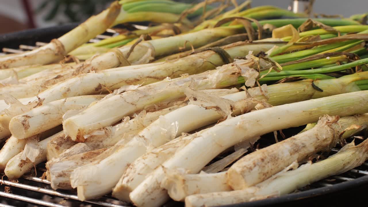 Traditional Spanish catalan green winter onion calcots, spring green season grill barbecue, vegan bbq with fire in Barcelona, Catalonia. Close up of grilling green onion.