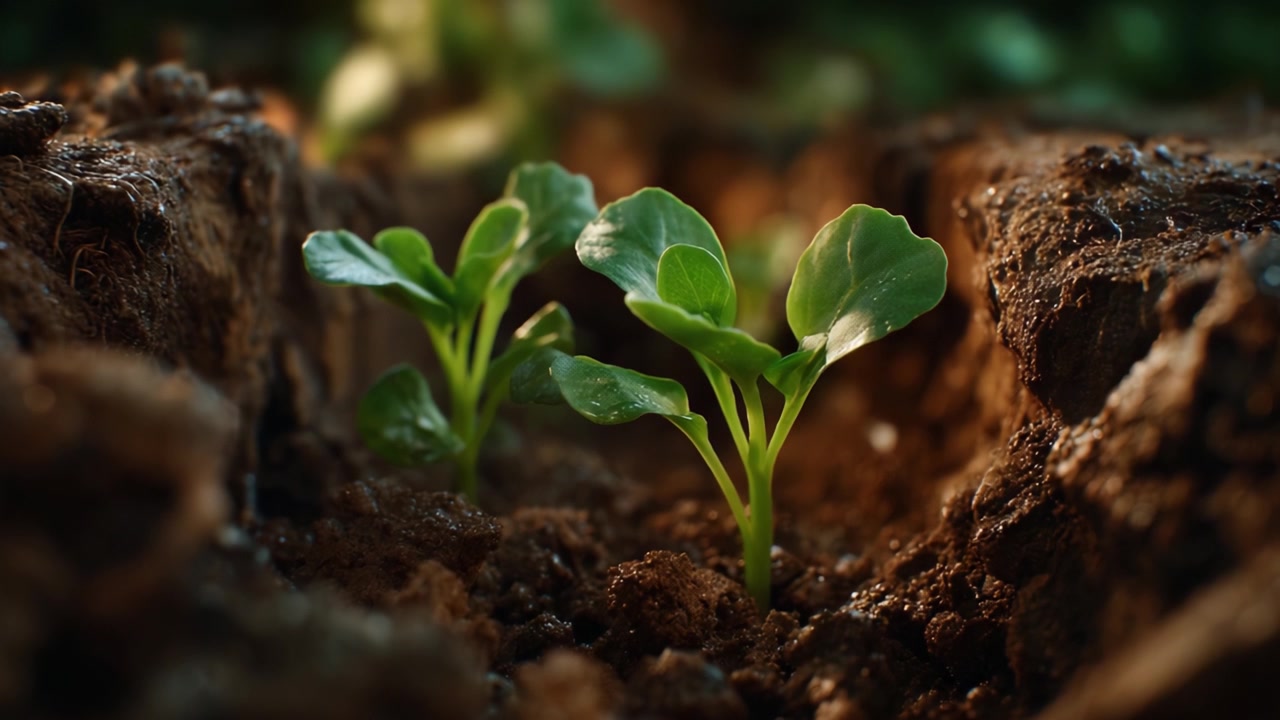 Nurturing Growth: New Seedlings Emerge from the Earth, Signifying Life's Cycle in a Rich, Fertile Soil Environment with Natural Light Enhancement