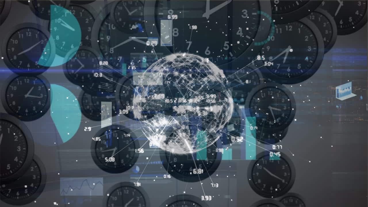 떠다니는 시계 위의 지구와 숫자의 애니메이션