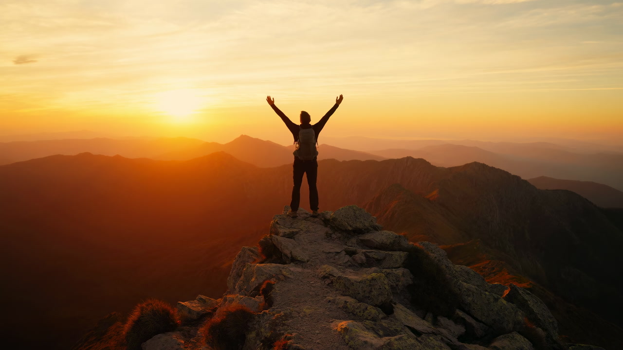Sunrise Mountain Silhouette Arms Raised, Hiker Stands On Rocky Ridge Bathing In Golden Light, Layered Peaks